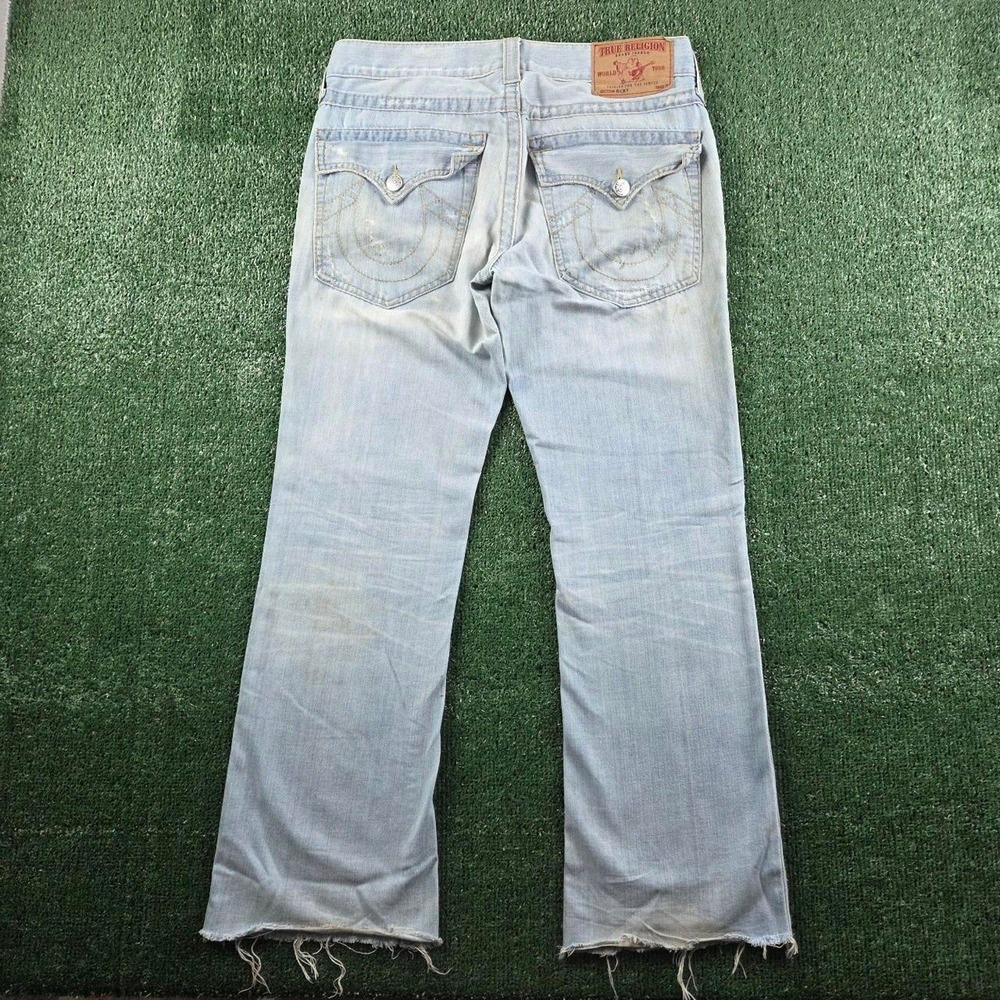 True Religion Ricky Straight Leg Light Wash Distressed Raw Hem Jeans Mens 32